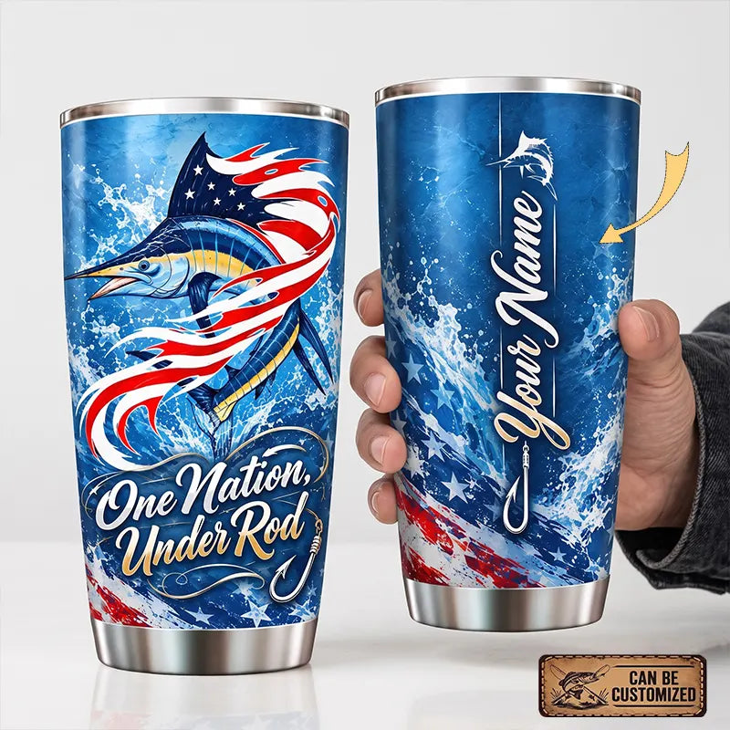 Custom Patriotic Marlin One Nation Under Rod Personalized 20oz Tumbler
