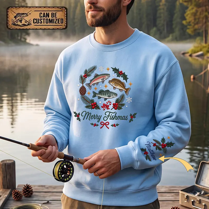 Merry Fishmas Personalized Christmas Fishing Sweater - Print & Embroidery