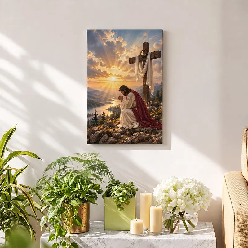 Praying Jesus at the Cross Christian Canvas Print