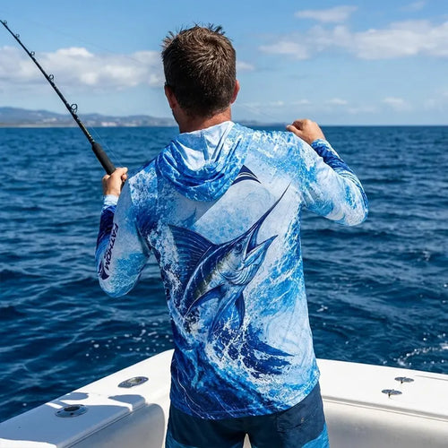 Personalized Deep Blue Predator Ocean Fishing Hooded Long Sleeve Shirt
