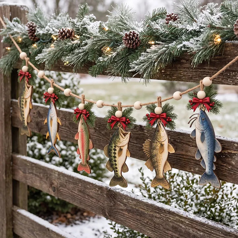 Christmas Fishing River Lodge Rustic Holiday Wooden Garland