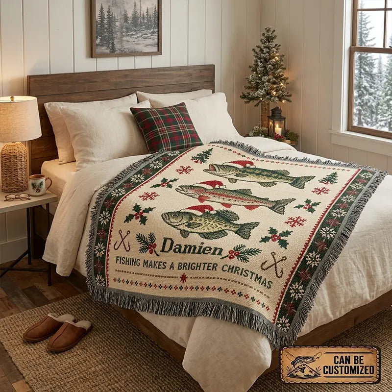 Fishing Makes A Brighter Christmas Santa Hat Fish Tassels Blanket