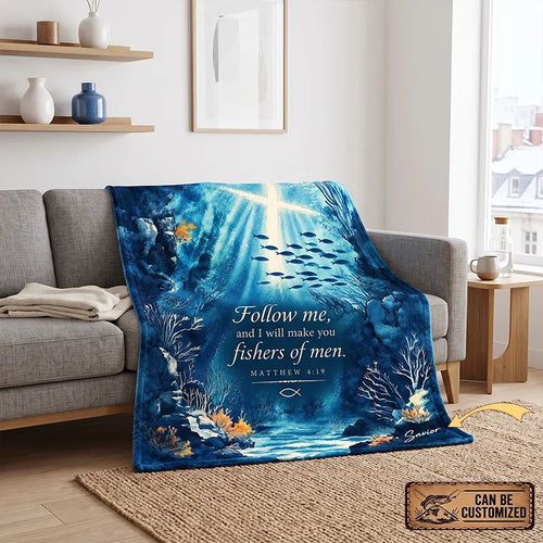 Personalized Matthew 4:19 Christian Fishing Ocean Fleece Blanket