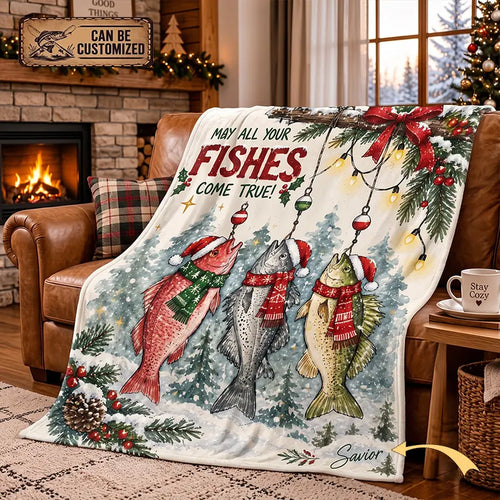 May All Your Fishes Come True Christmas Fishing Fleece Blanket