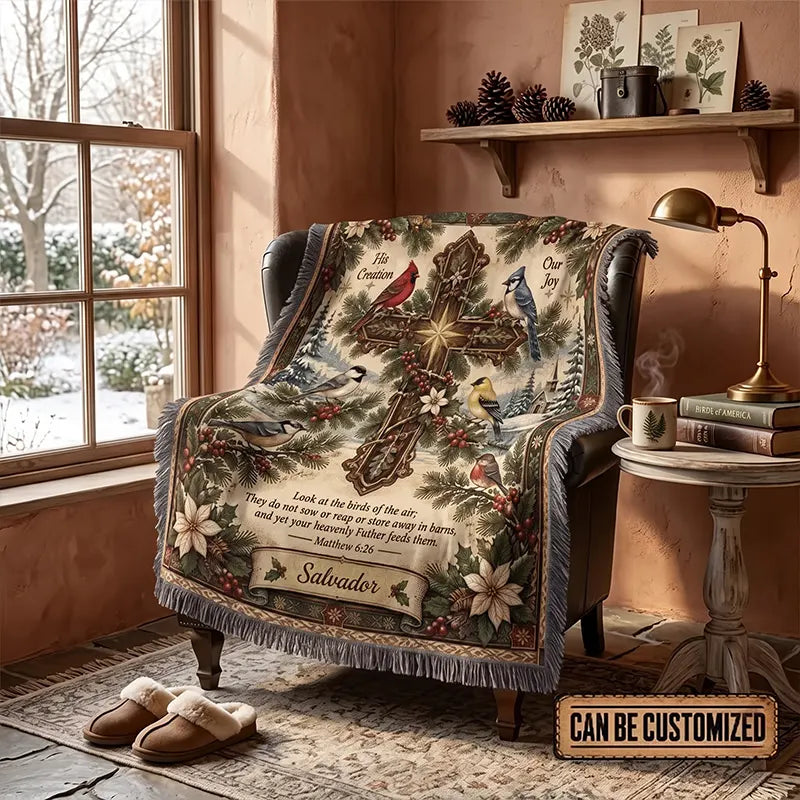 His Creation Our Joy Christmas Birds Cross Tassels Blanket