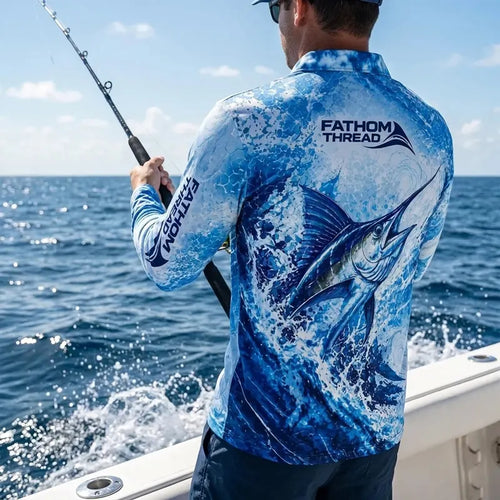 Personalized Deep Blue Predator Ocean Fishing Polo Long Sleeve Shirt