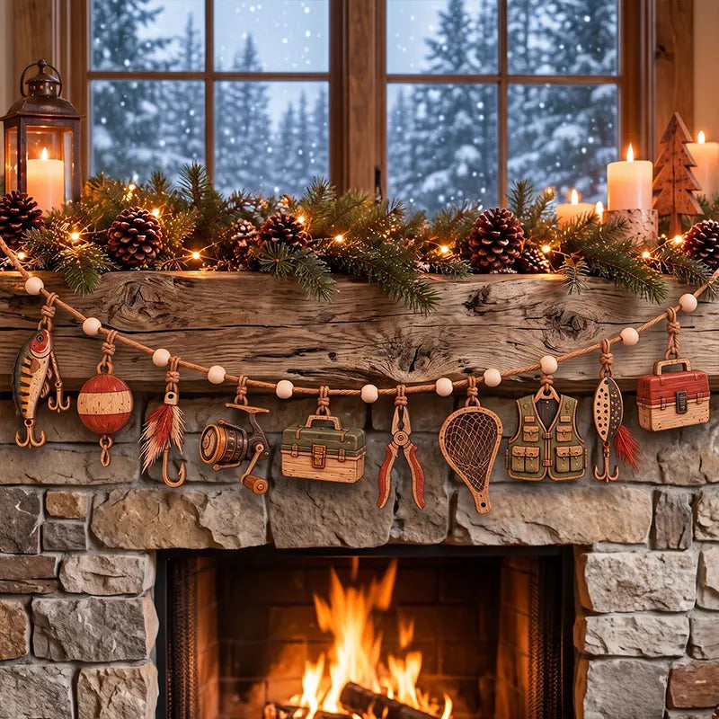 Rustic Fishing Cabin Fireplace Wooden Garland