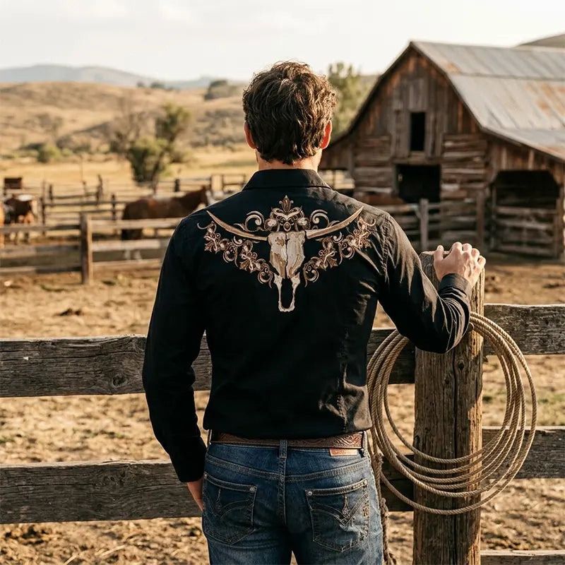Longhorn Skull Vintage Cowboy Wild West Hunter Western Shirt