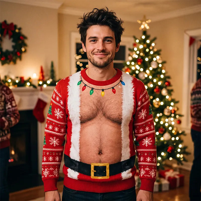 Santa Hairy Belly Funny 3D Ugly Christmas Sweater