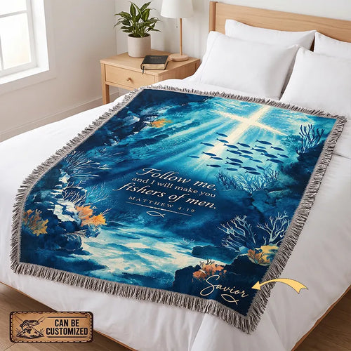 Personalized Matthew 4:19 Christian Fishing Ocean Tassels Blanket