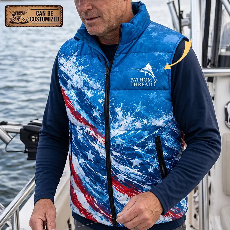 Custom One Nation Under Rod Patriotic Fishing Puffer Vest