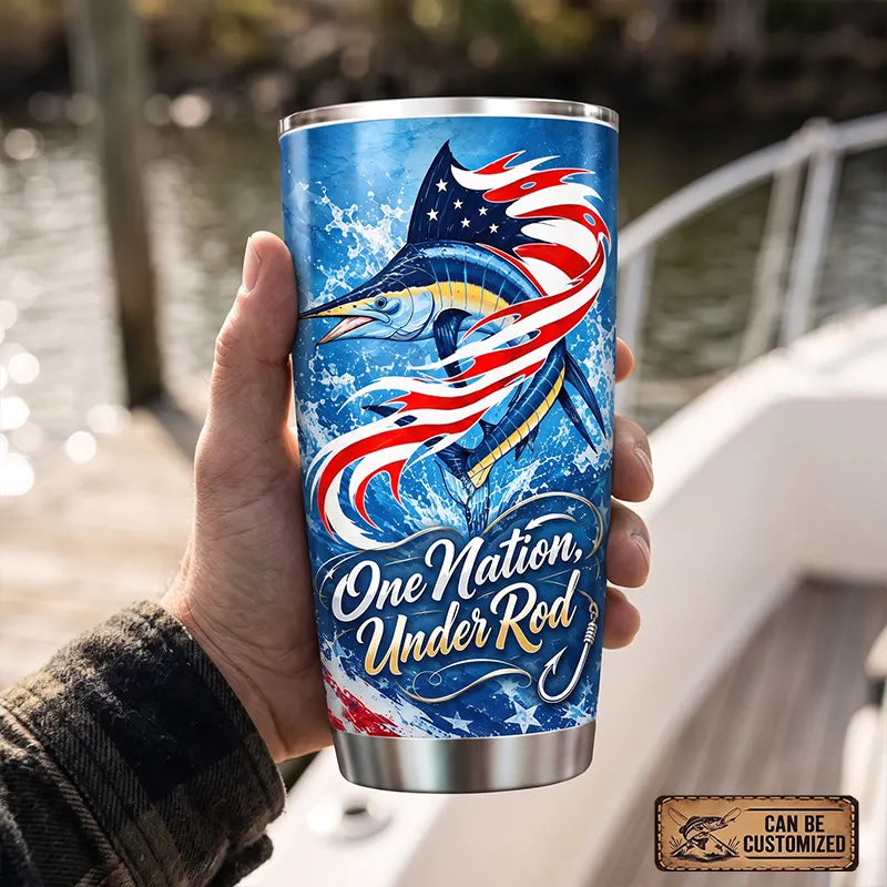 Custom Patriotic Marlin One Nation Under Rod Personalized 20oz Tumbler