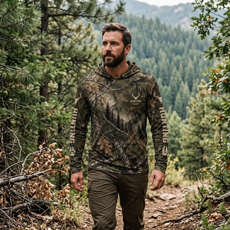 Real Tree Camo Elk Hunting Graphic Hooded Long Sleeve Shirt