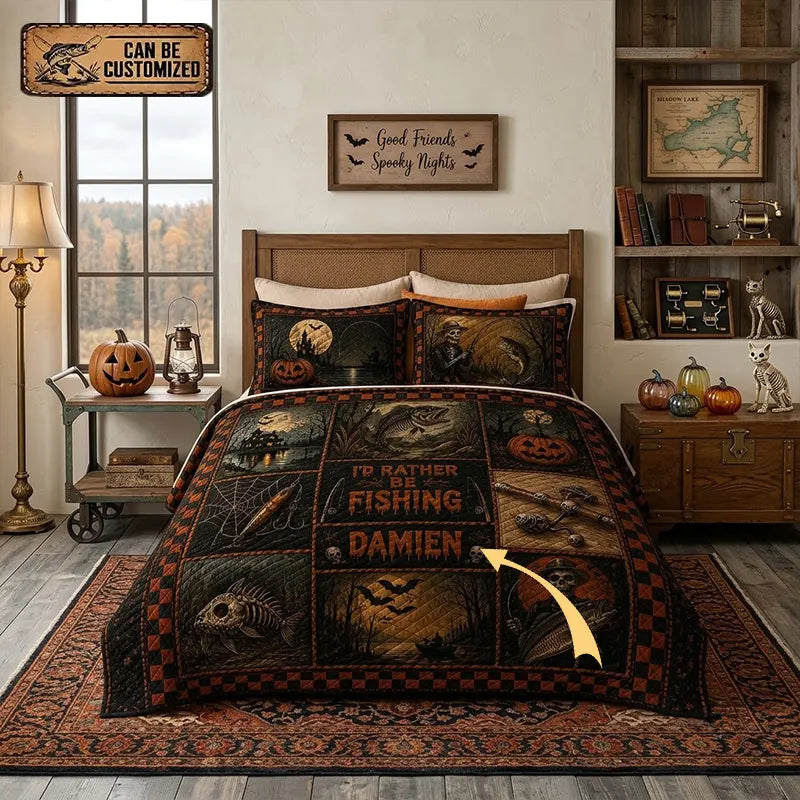 Personalized I'd Rather Go Fishing Quilted Bedding Set