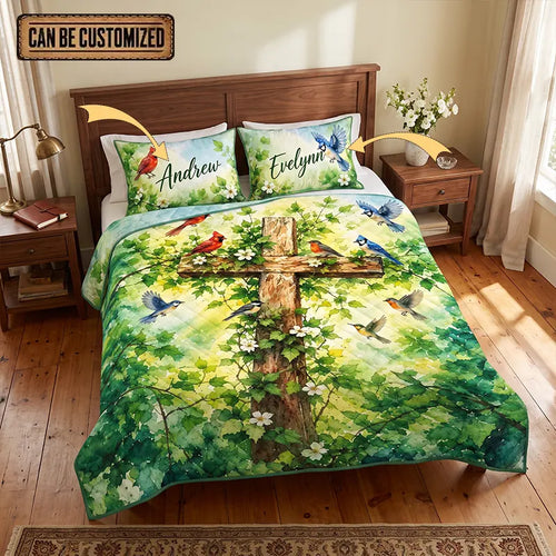 Personalized Christian Cross Birds Watercolor Quilt Bedding Set
