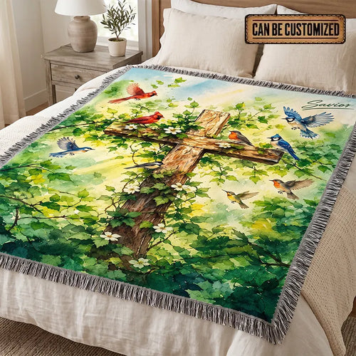 Savior Christian Cross Birds Woven Tassel Blanket