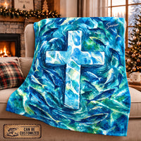 Personalized Savior Cross Ocean Fish Christian Fleece Blanket