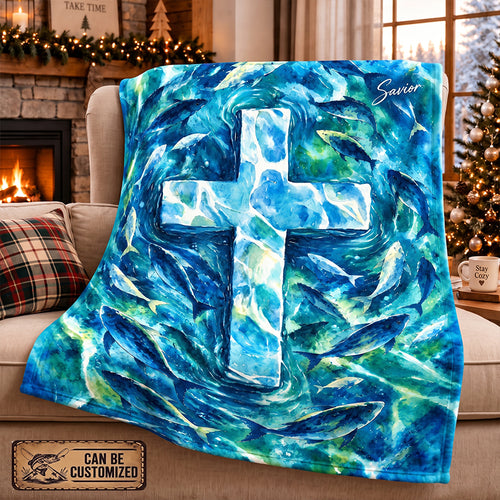 Personalized Savior Cross Ocean Fish Christian Fleece Blanket