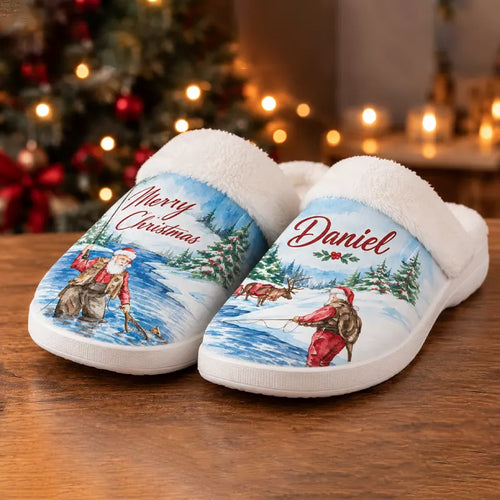 Personalized Christmas Fishing Santa & Reindeer Faux Fur Slippers