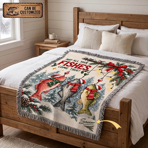 May All Your Fishes Come True Christmas Fishing Tassels Blanket