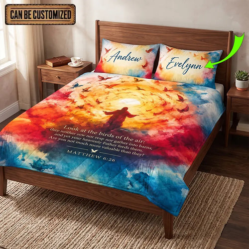 Matthew 6:26 Christian Birds Watercolor Quilt Bedding Set