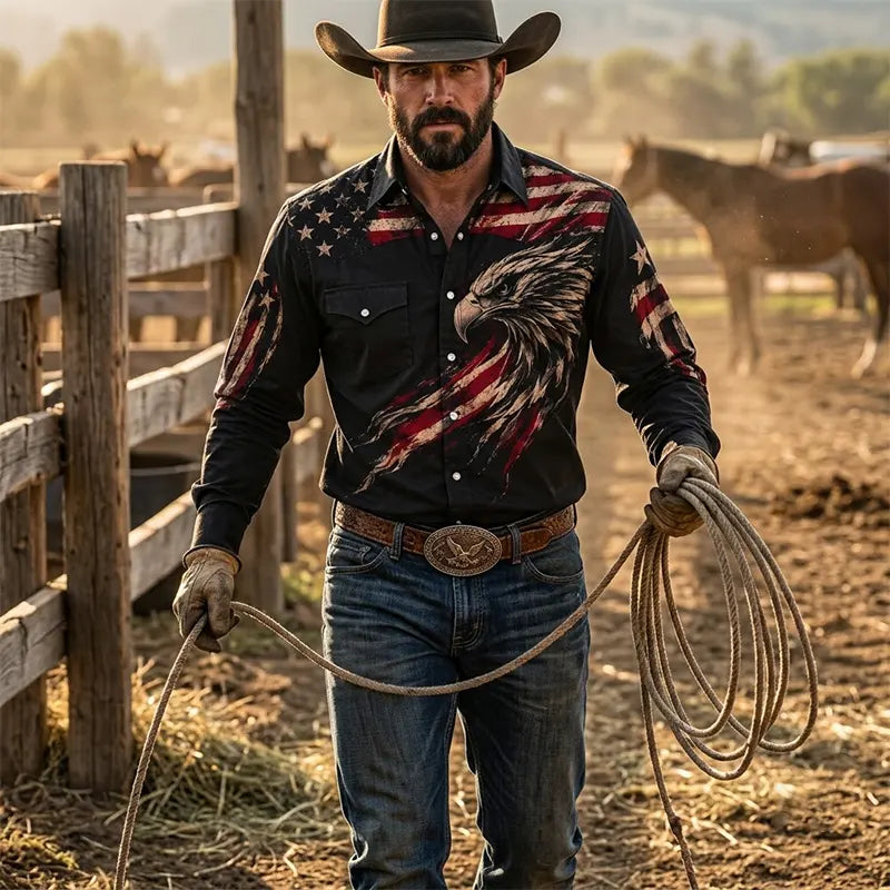 American Eagle Vintage Distressed Patriotic Cowboy Western Shirt