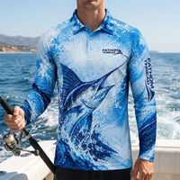 Personalized Deep Blue Predator Ocean Fishing Polo Long Sleeve Shirt