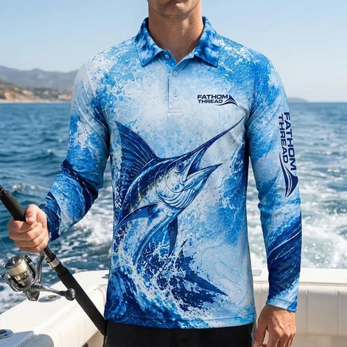 Personalized Deep Blue Predator Ocean Fishing Polo Long Sleeve Shirt