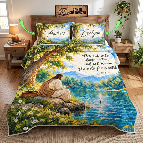 Jesus Fishing Luke 5:4 Christian Quilt Bedding Set