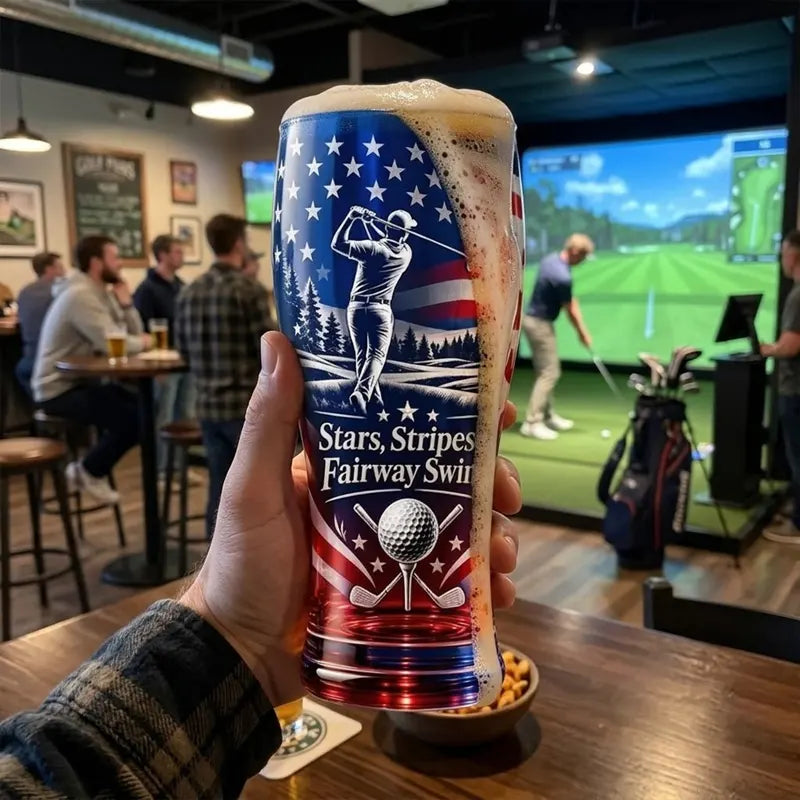 Personalized Stars Stripes & Fairway Swings Patriotic Golf Drinking Glass