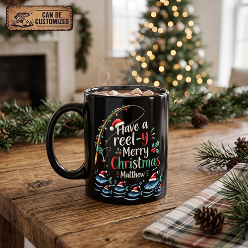 Personalized Have a Reel-y Merry Christmas 2026 Black Fishing Mug