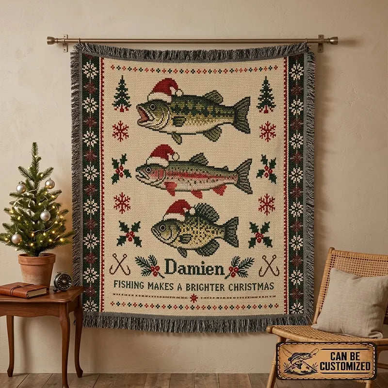 Fishing Makes A Brighter Christmas Santa Hat Fish Tassels Blanket