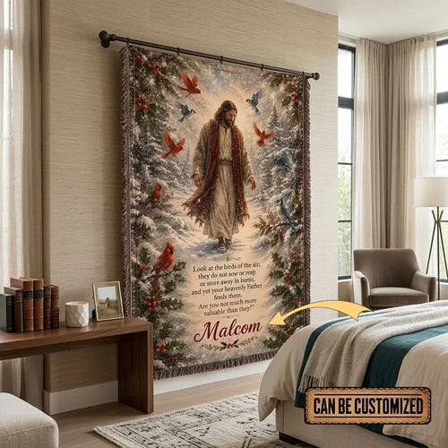 Personalized Jesus Look at the Birds of the Air Tassels Blanket