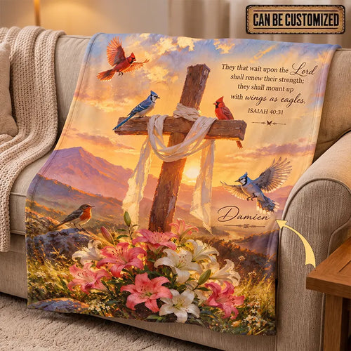 Personalized Isaiah 40:31 Christian Cross Birds Fleece Blanket