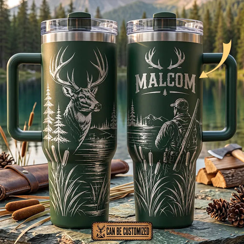 Whitetail Deer Hunting Laser Engraved 40oz Tumbler With Handle