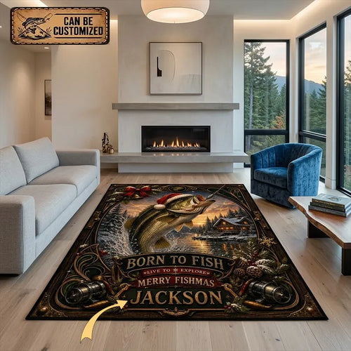 Personalized Christmas Bass Fishing Merry Fishmas Vintage Rug