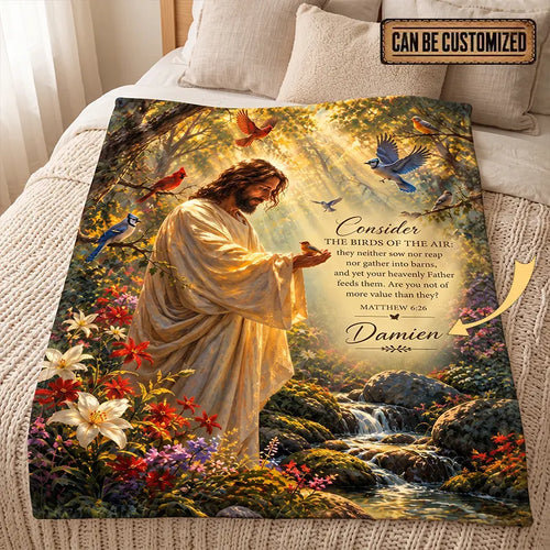 Personalized Matthew 6:26 Jesus Birds Christian Fleece Blanket