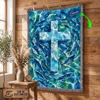 Personalized Catholic Cross Ocean Fish Woven Tassels Blanket