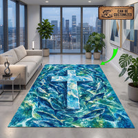 Personalized Savior Cross Ocean Fish Christian Rug