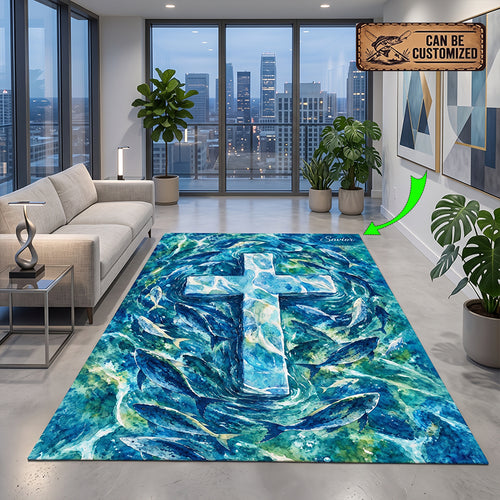 Personalized Savior Cross Ocean Fish Christian Rug