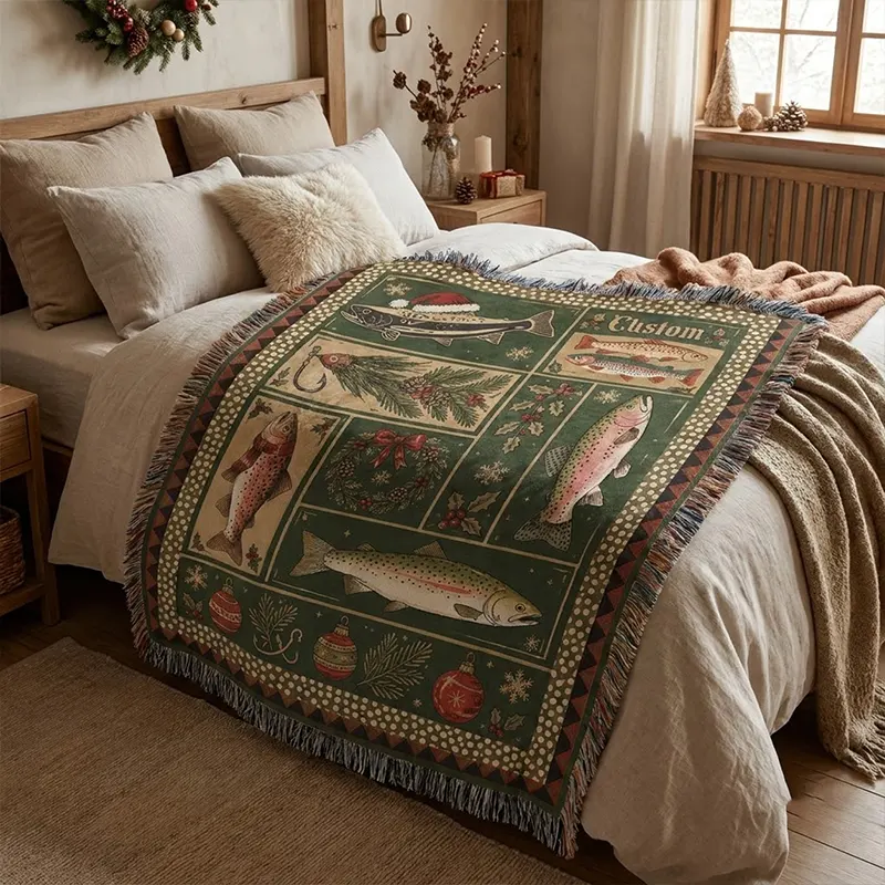 Personalized Vintage Christmas Fishing Tassels Blanket