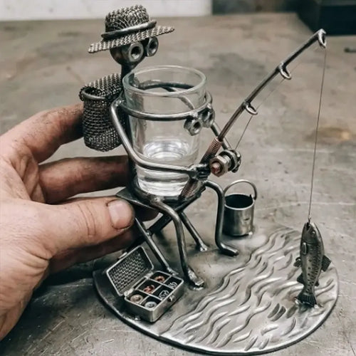 Fishing Man Metal Art Fishing Gift Shot Glass Holder