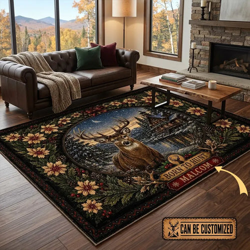 Personalized Born to Hunt Deer Cabin Christmas Vintage Rug