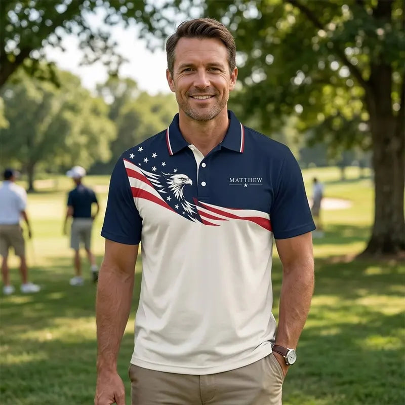 Personalized Land Of Opportunity Bald Eagle American Flag Polo Shirt