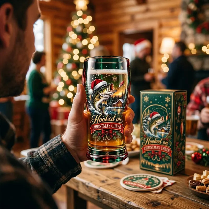 Hooked On Christmas Cheer Bass Fishing Christmas Drinking Glass