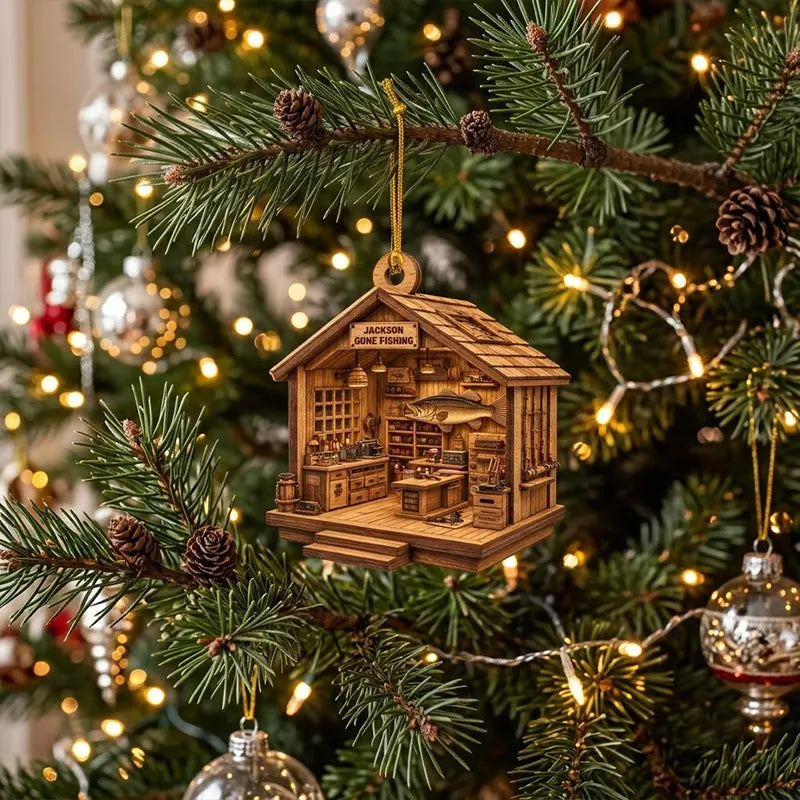 Personalized Fishing Cabin Christmas Wooden Ornament