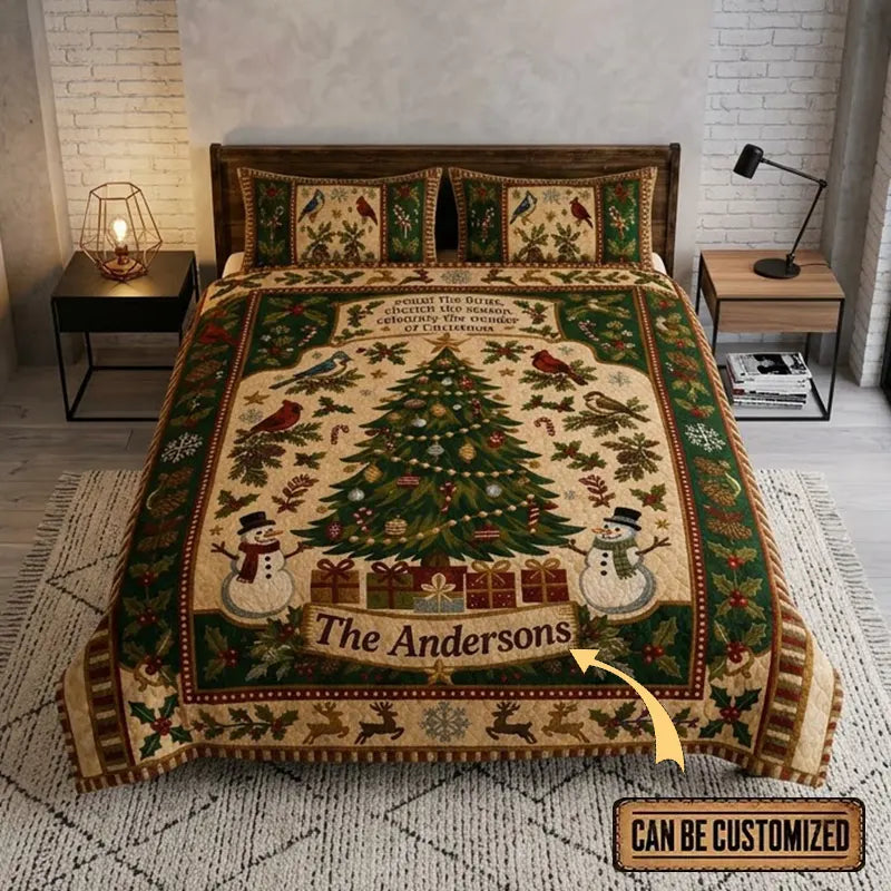 Personalized Christmas Birds Rustic Country Quilted Bedding Set