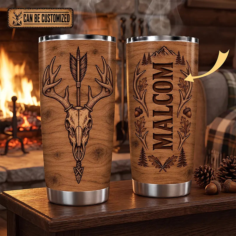 Personalized 20oz Deer Skull Antler Wood Grain Tumbler