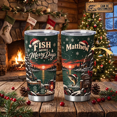 Fish More Merry Days Christmas Fishing 20oz Stainless Steel Tumbler
