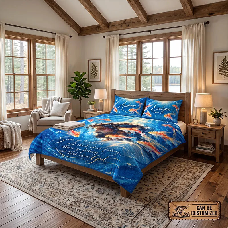 Christian Fishing Jesus Personalized Couple Quilt Bedding Set